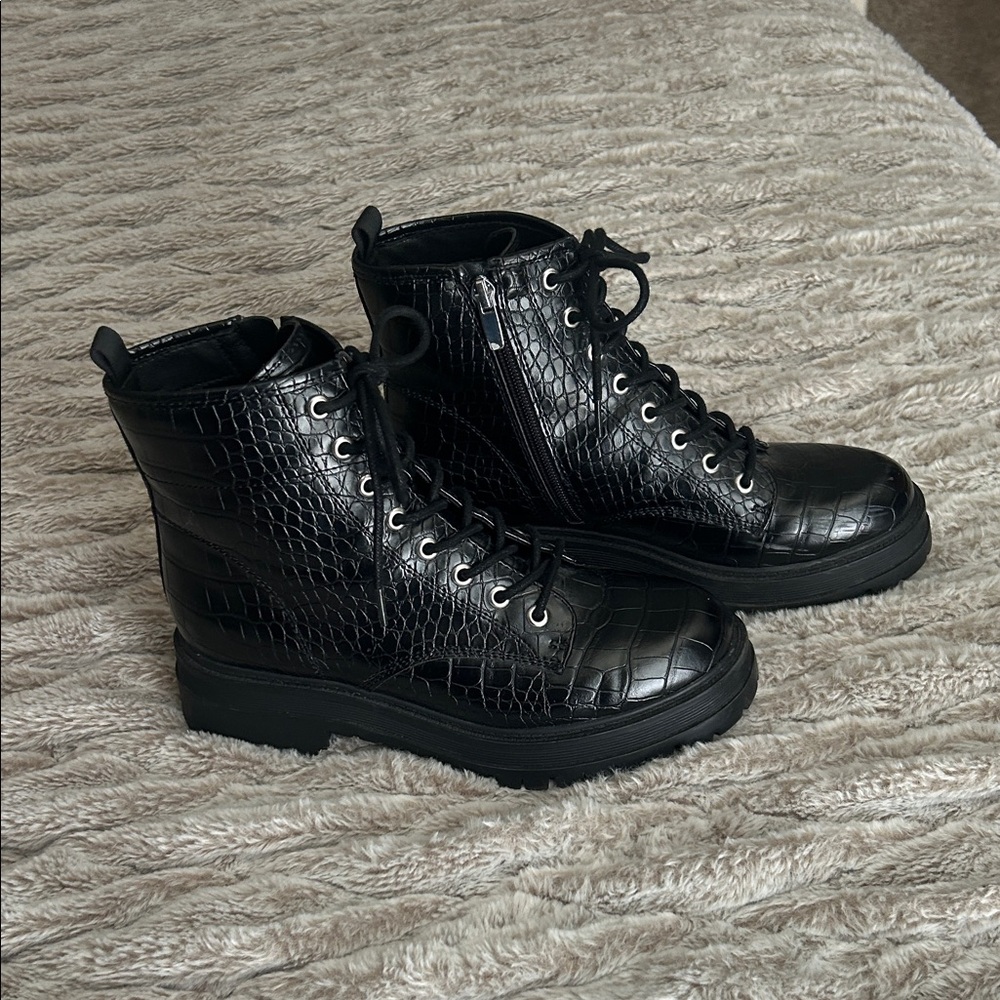 Nine West Glossy Black Croc Combat Boots